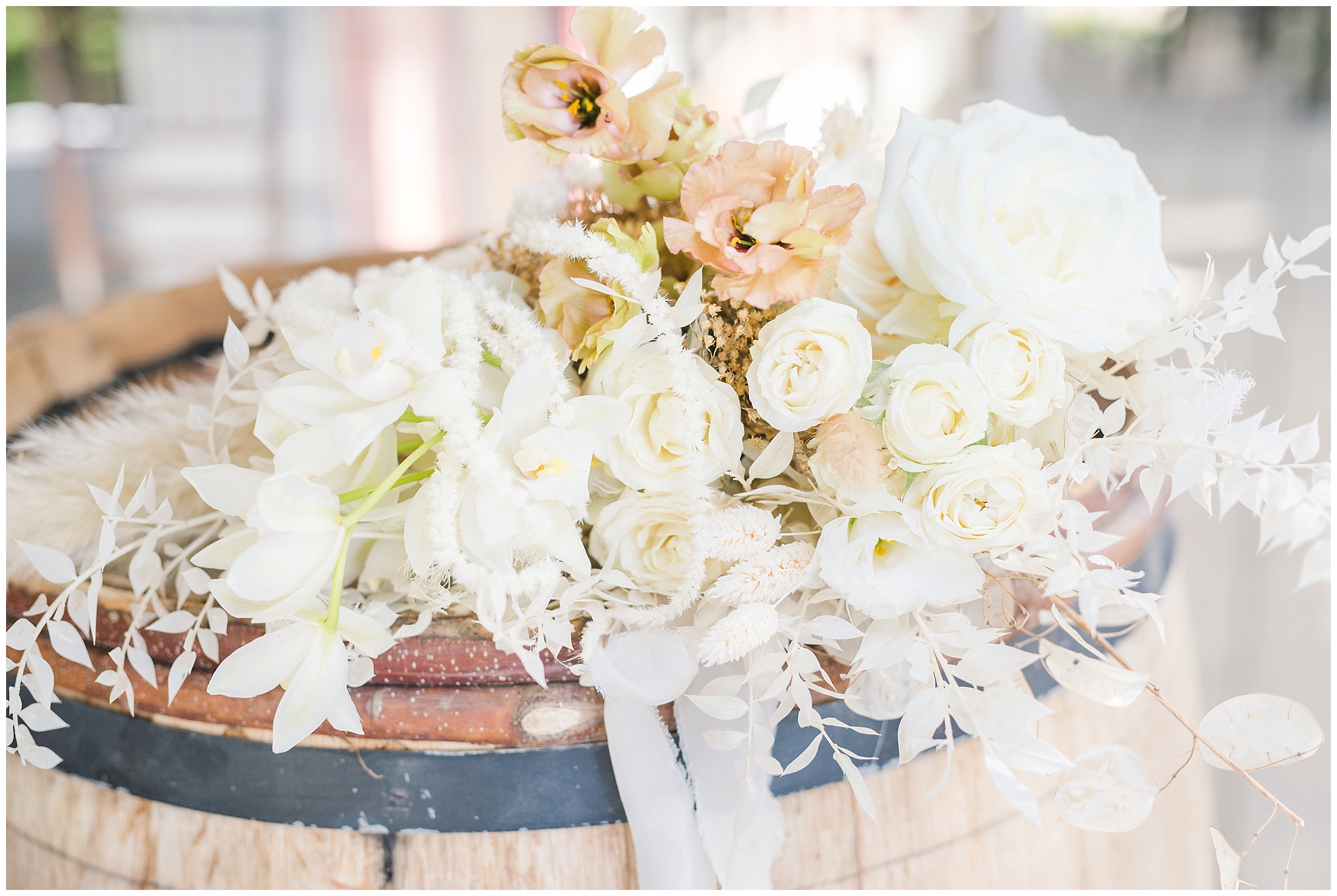 Bridal Bouquet on a Wine Barrel